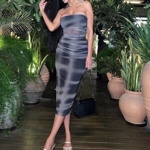 Zara Mesh Bodycon Gray Strapless Midi Dress Large NWT